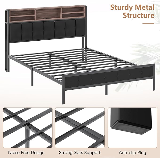 VECELO Farmhouse Metal Bed Frame Full Size with Wooden Headboard & Footboard, Solid Platform Mattress Foundation with Storage, LED Light, Charging Station, USB Ports, Noise-Free, Easy Assembly, Black