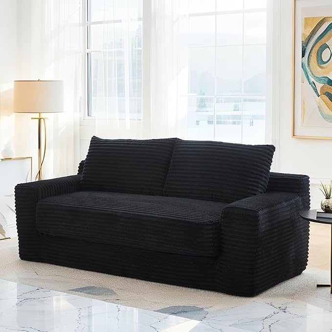 Fefances Loveseat Sofa Bed Boneless Couch, Convertible 2-in-1 Design, Corduroy Fabric - Compact Memory Foam Couch for Small Spaces, Apartments, Home Office & Bedroom (Black)