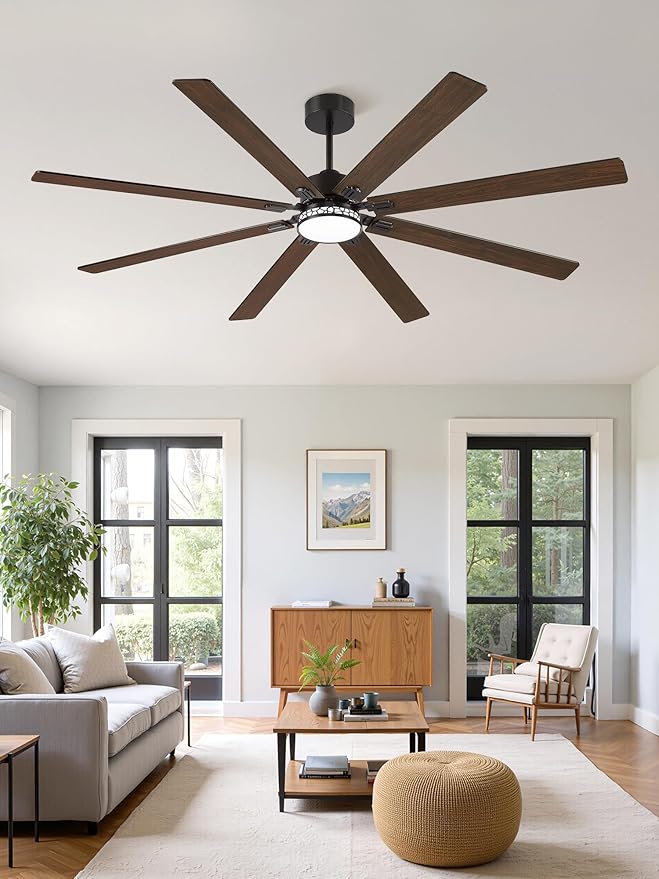 Fanbulous Modern Farmhouse 84 Inch Large Ceiling Fan, 6-Speed Reversible DC Industrial Ceiling Fans with Lights for Shop/Living Room/Covered Outdoor-Black
