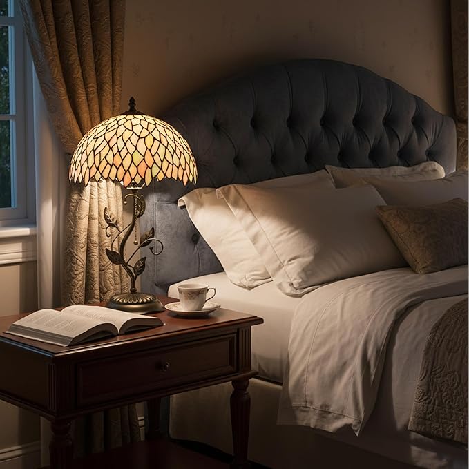 Tiffany Table Lamp, Stained Glass Style Desk Lamp, 12X12X19 Inch,Bedside Reading Light, Metal Leaf Base（Seven Color Wisteria Style