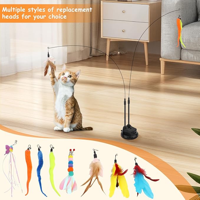 Cat Teaser Wand, Cat Toys Feather with Super Suction Cup, Double Headed Detachable Interactive Cat Toy, 12 PCS Elastic Cat Toys with Feathers, Cat Wand Toys for Indoor Cats