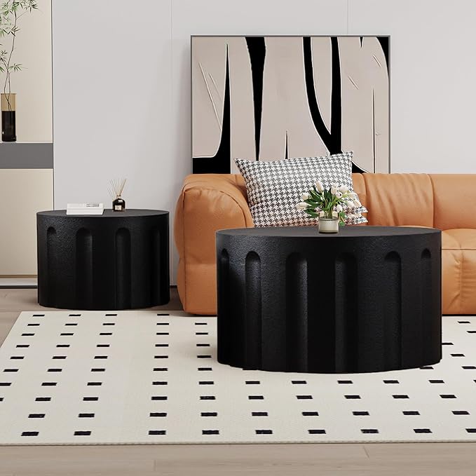 Round Nesting Coffee Table Set of 2, Round Fluted Coffee Tables for Living Room Modern Nesting End Side Tables for Small Spaces (B Black)