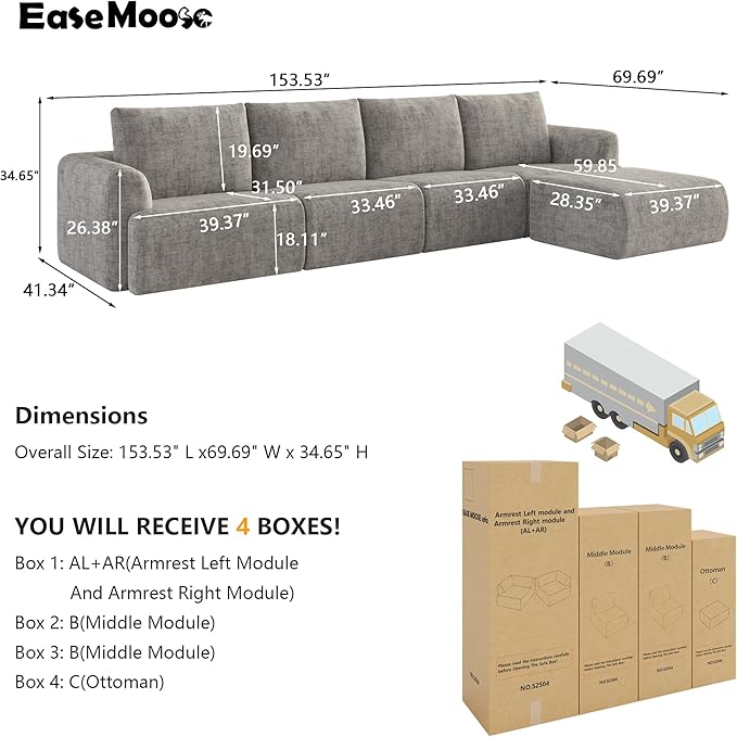 EASE MOOSE Cloud Couch Sectional Sofa, Large L-Shaped Oversized Modular Couch for Living Room, Minimalist Boneless Couches with Ottoman, 5-Seat Deep Sofas for Bedroom, Chenille (Light Grey)