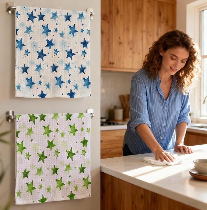 2-Pack Watercolor Star Towel, Star Waffle Towels, Nursery & Bathroom Hand Towel, 16x24 Inch Blue & Green Dish Tea Towel Decor for Kitchen & Nursery & Bathroom, Gift For Friends & Homeowners.