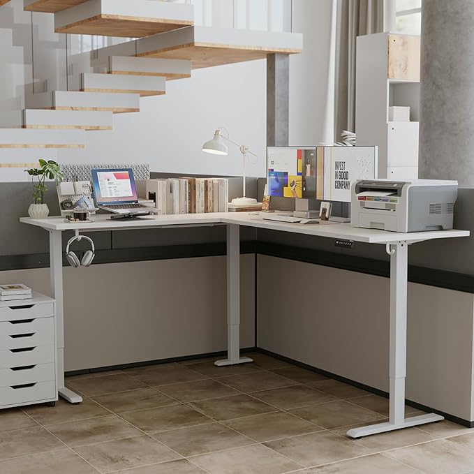 Agilestic L-Shaped Standing Desk Adjustable Height, Electric Corner Standing Desk, Sit Stand Up, 75x61 inch Sit Stand Computer Table, White