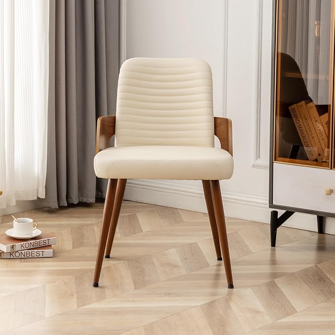 Dining Room Chairs,Mid Century Modern Kitchen Chair,Upholstered Faux Leather Accent Chairs,Metal Legs Wooden Desk Chair,Armless and No Wheels for Kitchen Dining,Beige PU,1PCS