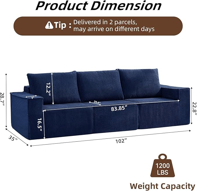102” Boneless Modular Couch, 3 Seater Cloud Sofa for Living Room, Modern Sectional Sofa with Deep Seat, Comfy Fluffy Loveseat Couch, No Assembly Required,Blue