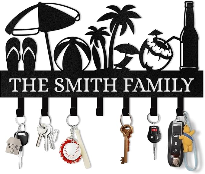 Personalized Key Holder for Wall, Beach Theme Key Holder Wall Mount with Hooks, Coconut Trees Key Hanger Wall Decor for Pool Bathroom Hallway Entryway Office, Customized Home Decor Gifts Color04