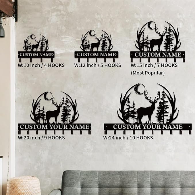 Personalized Custom Name Forest Deer Wall Keys Hooks,Metal Forest Deer Art Clothes Hooks,Metal Forest Deer Wall Home Storage Decorative,For Front Door, Hallway, Kitchen, Bedroom,Keys,Hats (Style J)