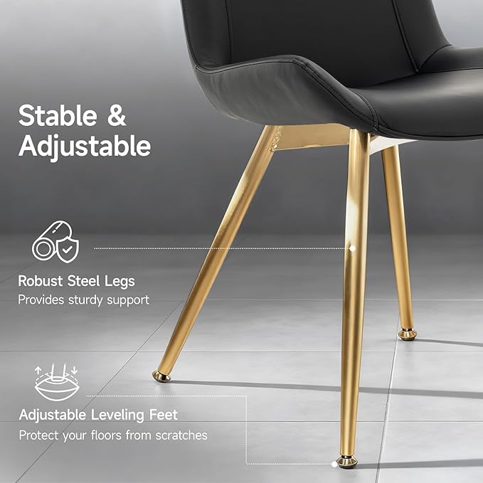 Brage Living Dining Chairs Set of 2, PU Leather Modern Armless Kitchen Dining Room Chairs, Upholstered Accent Side Chairs with Metal Legs (Black, Gold Legs)