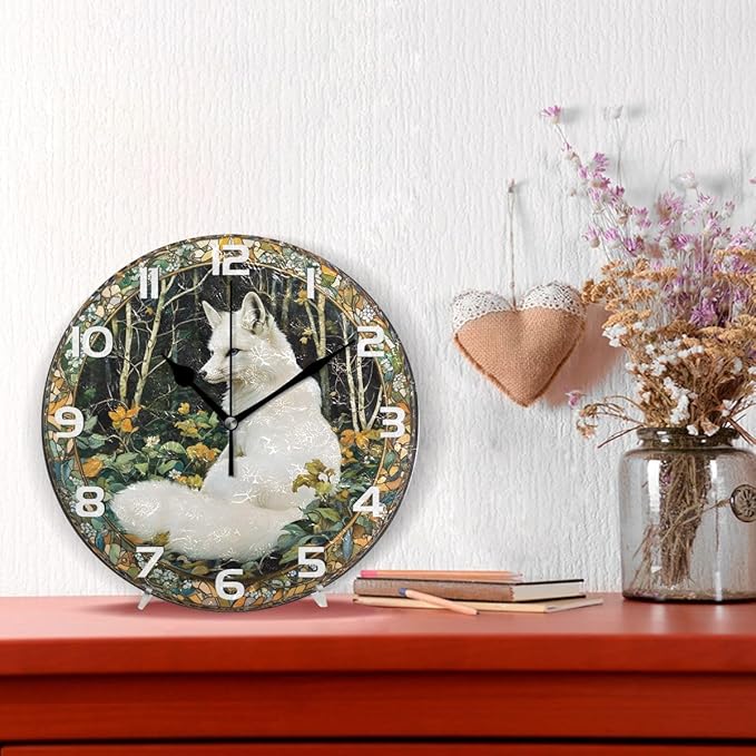 Bolaz Wall Clocks Decorative Bedroom Silent Living Room Desktop Arctic Fox Tabletop Shelf Clocks Round Battery Operated 10 Inch Non-Ticking