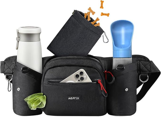 AGPTEK Dog Walking Fanny Pack, Large Capacity Dog Training Treat Pouch, Waist Bag with Removable Snack Pouch, Water Holder, Poop Bag Dispenser, Waterproof Zipper, Adjustable Strap, Black