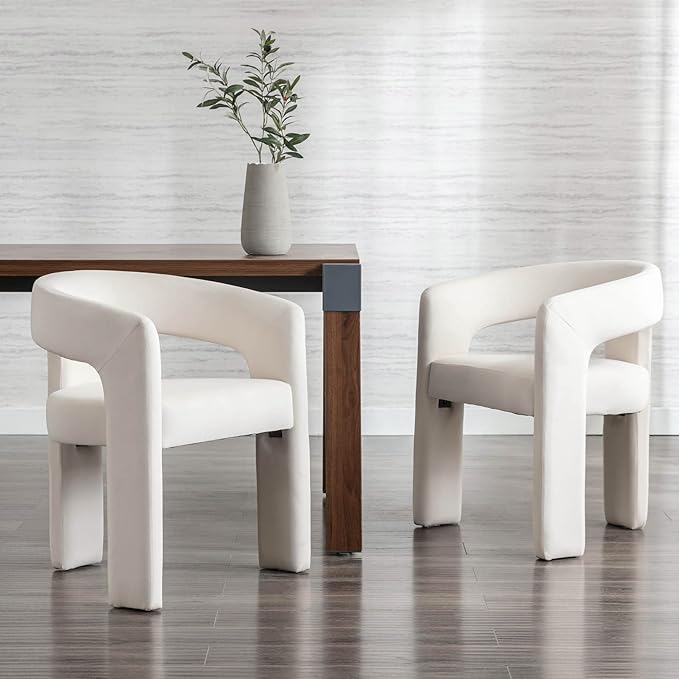Set of 4 Modern Velvet Fabric Upholstered Dining Chairs with Open-Back, Cute Barrel Side Chairs Kitchen Armchair Accent Chairs for Dining Room Bedroom, Ivory