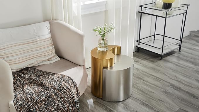 Modern Contemporary Luxury Ying-Yang 20" Height End Table Set, Sculptural Design with Aluminum Frame for Living Room, Entryway, Home & Office, Gold & Silver Dual Tone End Table
