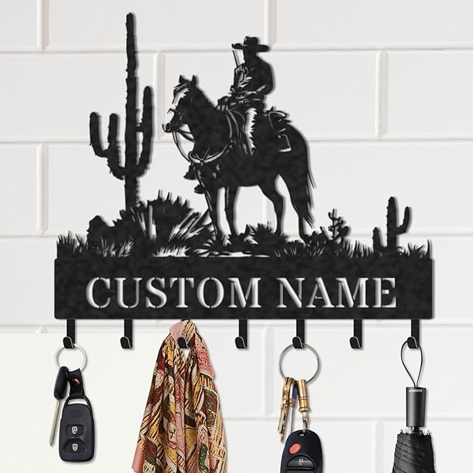 Personalized Key Holder for Wall, Custom Metal Cowboy Key Hooks with Name, Meta Jacket Holder Hooks Organizer Rack, Jacket Hanger Decor for Kitchen, Entryway, Hallway, Office, Doorway