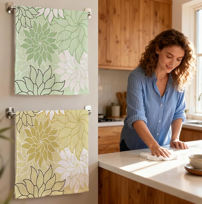 2-Pack Boho Floral Abstract Waffle Towels, Flower Hand Towel for Bathroom Decor, 16x24 Inch Neutral Yellow & Green Flower Dish Tea Towel Decor for Kitchen/Bath/SPA,Gift for Friends.