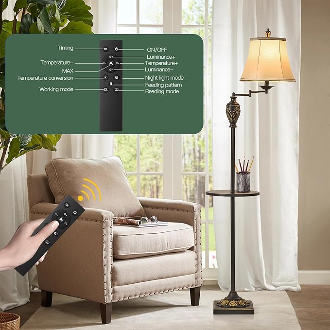 Traditional LED Floor Lamp with 350° Adjustable Swing Arm Lamp – Vintage Standing Pole lamp for Living Room, Bedroom and Office – Rustic Upright Floor Light for Home Décor with Silk Fabric Shade