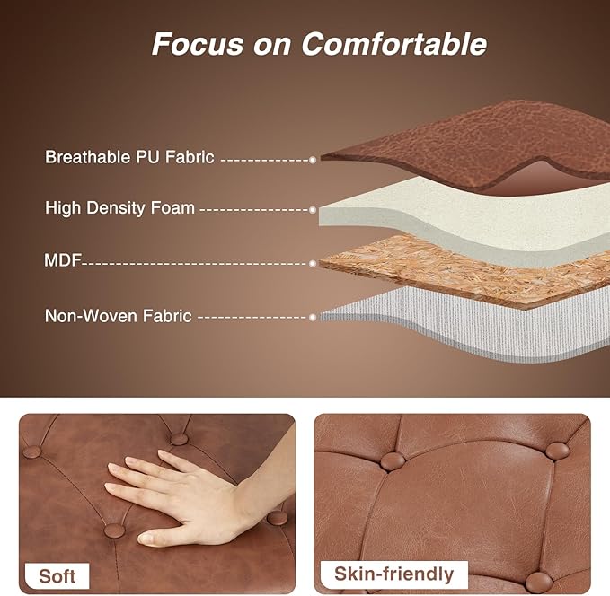 65 Inch Bedroom Bench, End of Bed Bench with Storage, Bed Benches for Foot of Bed, Faux Leather Window Bench with Tufted Button and Nailhead Trim, Upholstered Storage Bench with Rolled Arms, Brown