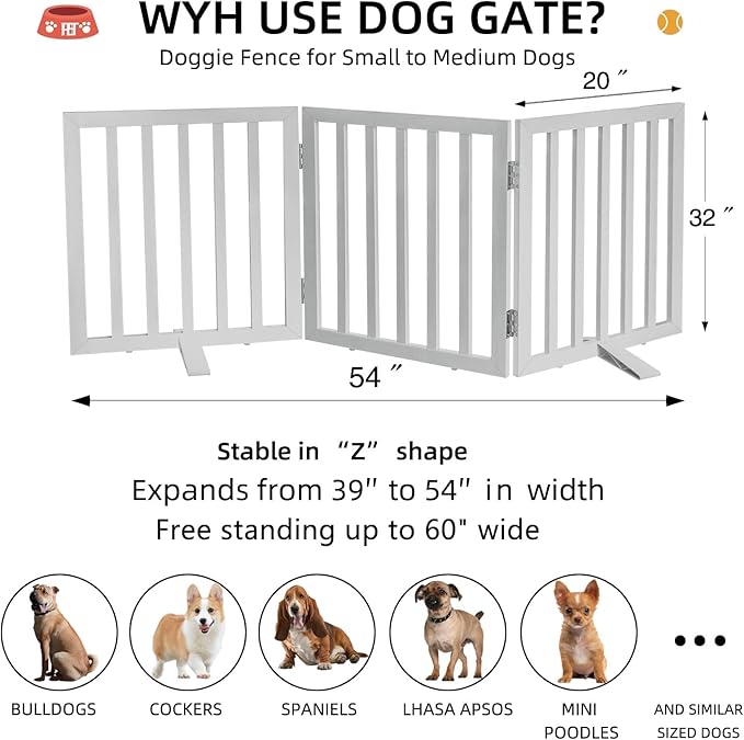 ZJSF Freestanding Indoor Dog Gate for House Foldable Wood White Puppy Gate for Doorways Pet Gate for Stairs Extra Wide Pet Fence 32" Height 3 Panels