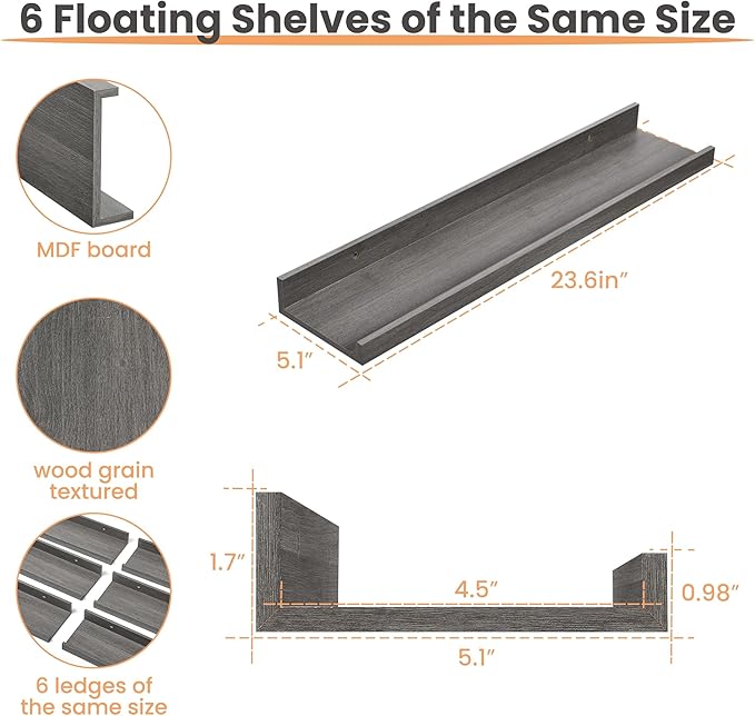 upsimples Floating Shelves for Wall, 23.6 Inch Shelves for Decor Storage Set of 6, Wall Mounted Wood Shelf for Bedroom, Living Room, Bathroom, Kitchen, Long Picture Ledge Shelves, Grey