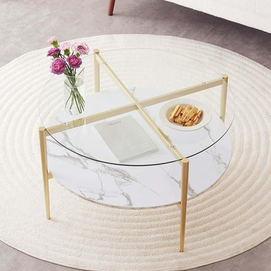 Round Coffee Table for Living Room, Mid-Century Modern Design, D30 x H17, 2-Tier Structure, Clear Glass Top and White Marble Finish Wood Shelf, Sleek Conical Metal Legs with Gold Finish Frame