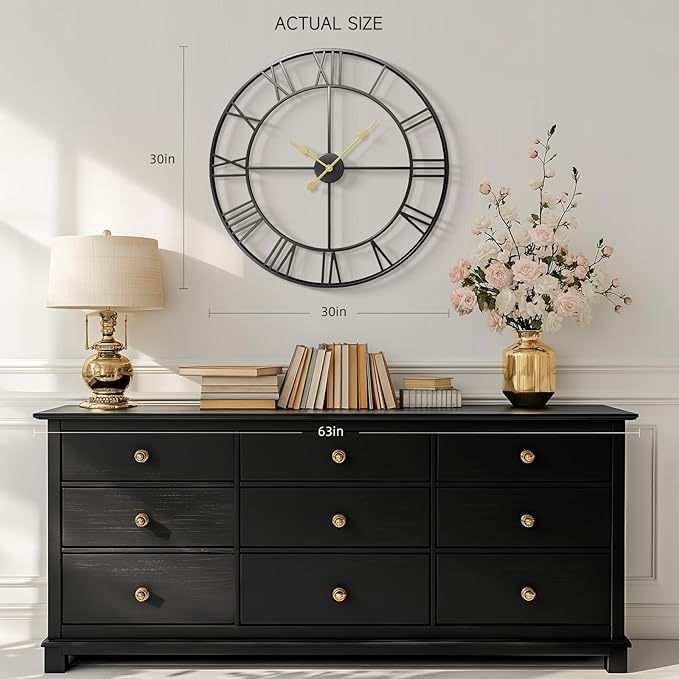 30 Inch Large Wall Clock, Modern Decorative Wall Clocks Silent Non Ticking Battery-Operated, Black Metal Round Clock for Living Room Kitchen Office Mantel - Roman Number
