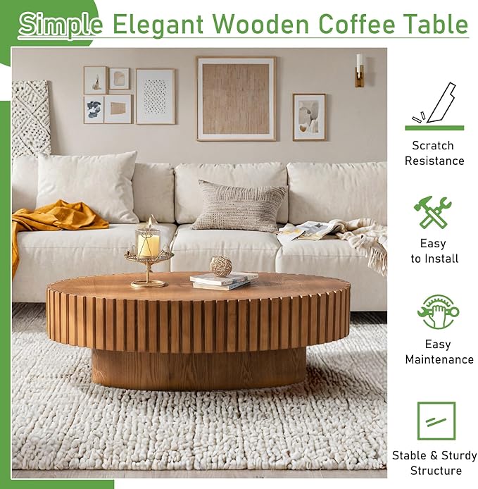 Oval Coffee Table for Living Room, 43.3'' Modern Handcraft Drum Coffee Table Unique Fluted Coffee Tables Wood Center Table End Table for Small Space, Farmhouse Apartment Office (Oval Wood)