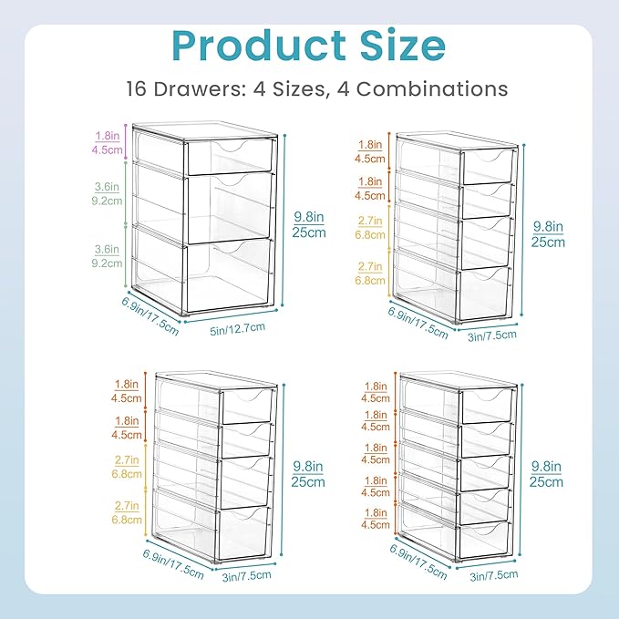 Vtopmart 4 Set Clear Desk Organizer, Pen Organizer with 16 Drawers, Acrylic Desktop Organization and Storage for Office Supplies, Pen, Makeup, Art Craft, Jewelry