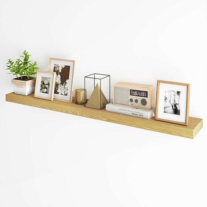 Fun Memories 55 Inch Fireplace Mantel - Long Floating Shelf, Wall Mounted Farmhouse Display with Invisible Heavy Duty Metal Bracket, Oak
