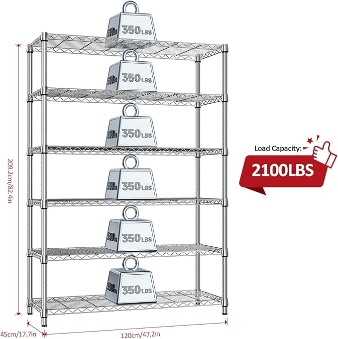 IZEUK 6-Tier Heavy Duty Metal Wire Shelving Unit, Adjustable Storage Rack Organizer for Garage, Kitchen, Office, Pantry, Warehouse (Chrome, 17.7" D x 47.2" W x 82.7" H)