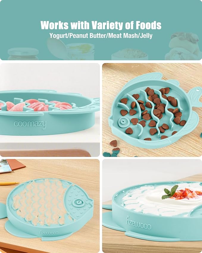 Coomazy 2-in-1 Silicone Slow Feeder Dog Cat Bowls, Lick Mat Interactive Puzzle Toy for Pets Dry/Wet Food Training, Keeps Dogs Cats Busy, Prevents Puppy Kitty Overeating (Cyan, 1.2 Cup)