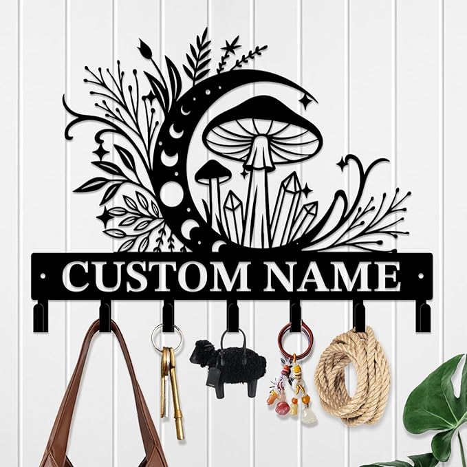 Customized Keys Holder - Personalized Mushroom Wonderland Key Hooks Wall Metal Sign Decor,Wall Holder,Door Hook (Style C)