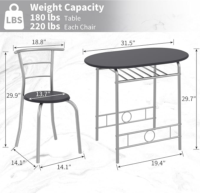 VECELO 3-Piece Dining Table Set for Kitchen Breakfast Nook, Wood Grain Oval Tabletop and Metal Frame with Built-in Wine Rack, for Small Spaces, Black & Silver