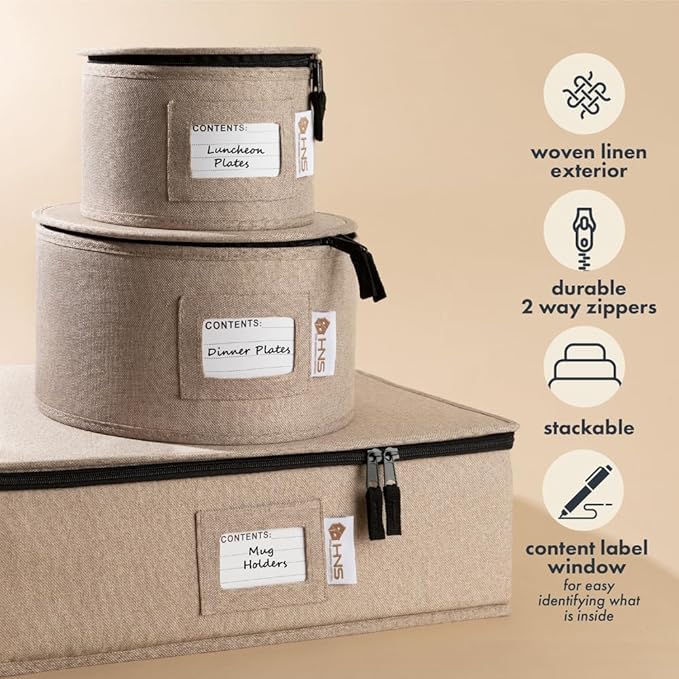 Hard Shell China Storage Containers 5-Piece Set Moving Boxes for Dinnerware, Glasses, Plates, Mugs and Saucers Sturdy Dish Organizer with Dividers for Seasonal Storage - Service for 12 - Brown