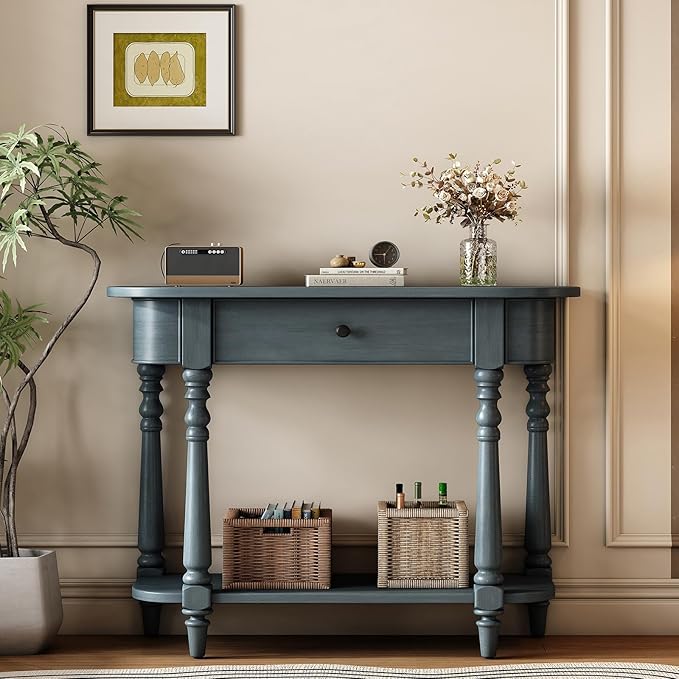 HMFULE Retro Curved Console Table, 36" Solid Wood Half Moon Console Table Sofa Table Entryway Table with 1 Drawer 1 Open Shelf Roman Legs Curved Corners for Living Room,Entryway,Hallway,Navy