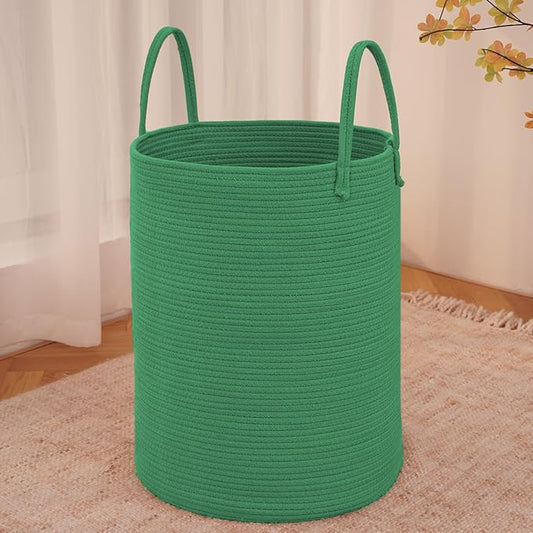 Large Woven Laundry Basket Hamper,100L Cotton Rope Storage Bin for Blankets,Toys and Clothes,Decorative Tall Nursery Hamper for Living Room,Baby Nursery,Bathroom and Bedroom,Dark Green
