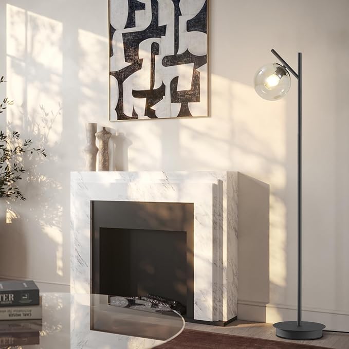 Vintage Floor Lamp for Living Room Mid Century Black Floor Freestanding Lamp Farmhouses Cognac Glass Globe Standing Tall Pole Lamp for Study Room Hotel Bedroom