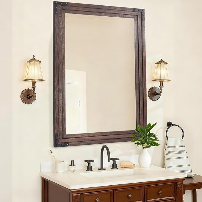 Full Length Mirror 40"x30" Solid Wood Frame Floor Standing Mirror, Hanging or Leaning Wall-Mounted for Living Room, Bedroom, Brown