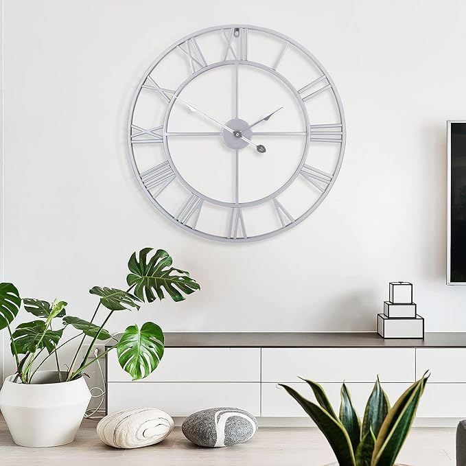 1st owned Large Wall Clock Metal Retro Roman Numeral Clock, Modern Round Wall Clocks Almost Silent, Easy to Read for Living Room/Home/Kitchen/Bedroom/Office/School Decor (Silver, 32 Inch)