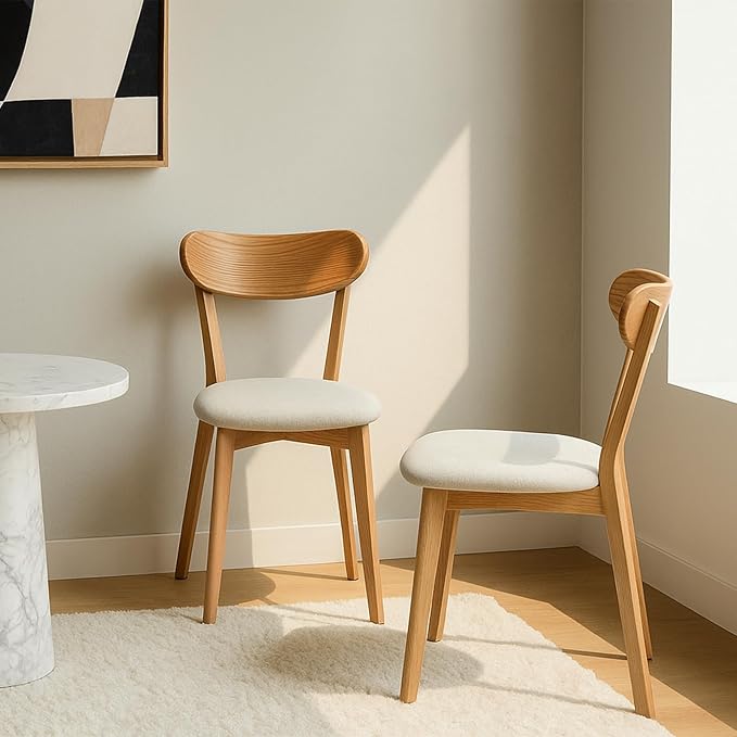 Set of 2 Solid Wood Dining Chairs,FAS-Grade North American Oak, Ergonomic Curved Backrest & Pear White Thick Upholstered Seats,Oak Padded Dining Chairs for Heavy People,Easy Assembly