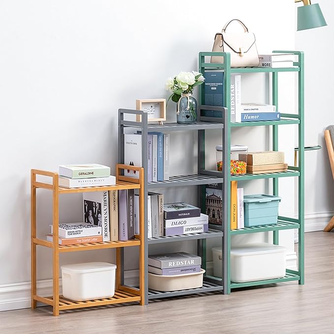Bamboo Shelf, 4-Tier Bookcase Storage Shelves, Small Book Rack Shelving Unit, Multipurpose Storage Display Shelf for Bathroom Kitchen Living Room Office (3-Tier Grey-20.08in)