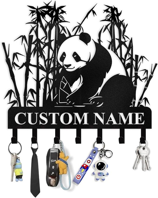Bamboo Panda Animal Wall Key Holder | Metal Key Organizer with Hooks | Coat Rack & Wall Decor for Front Door & Hallway