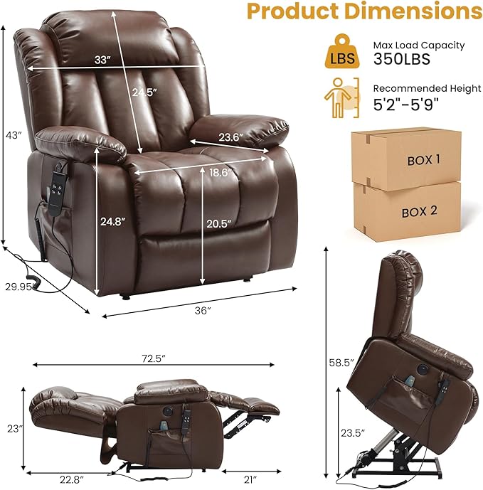 PARKOL Dual Motor Power Lift Recliner Chair for Elderly, 180-Degree Infinite Position Lay Flat Leather Recliner Chairs, with Massage and Heating, USB & Type-C Port and Remote (Brown, Medium)