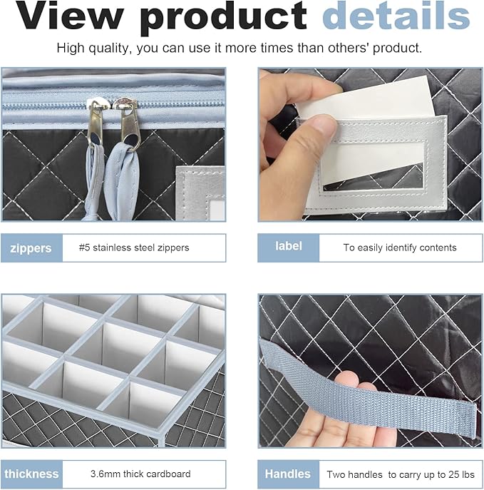 VERONLY Mug and Cup Storage Box with Dividers - 2 Pack China Storage Bin Containers Holds 24 Glassware, Stackable Coffee Mug Organizer Bin and Tea Cup with 2 Metal Zipper,Label and Handles (Grey)