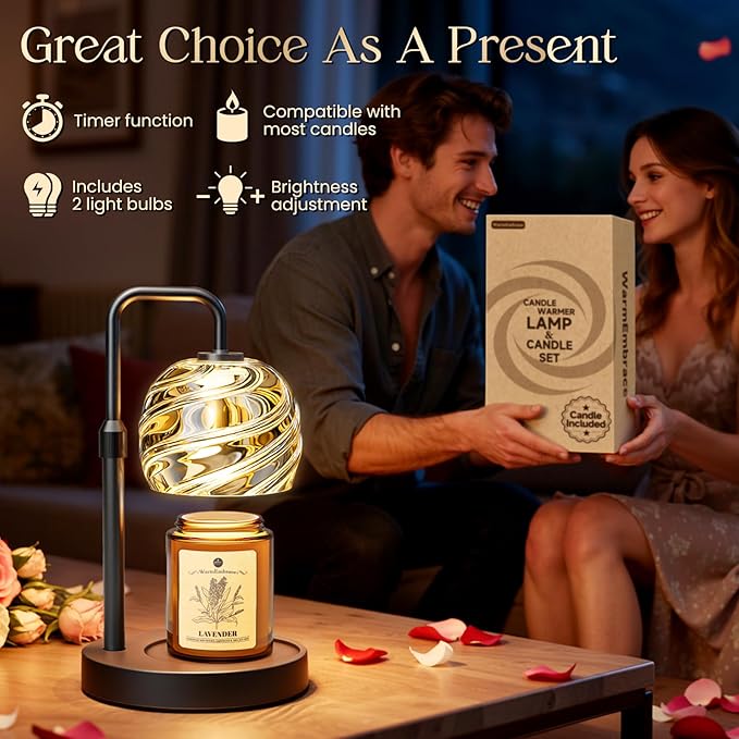 WarmEmbrace Candle Warmer Lamp with Lavender Candle Set, Electric Wax Warmer Lamp with Auto Timer & 4 Dimmable Lights, Adjustable Height for Jar Candles, Elegant Home Decor Gift for Women, Black