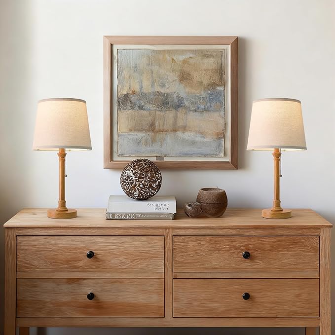 Oneach 19.5" Wood Grain Table Lamps Set of 2, Pull Chain Switch Bedside Table Lamps, Modern Nightstand Lamp with Linen Shade, Small Desk Lamp for Living Room, Bedroom, Home Office, Nursery