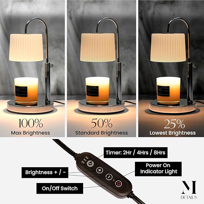 Dimmable Glass Candle Warmer Lamp with Timer - Adjustable Height Candle Lamp Warmer with Timer (8H/4H/2H) - Wax Melter - Ideal Gift, fits Various Size Scented Candles - 02 Bulb - (Silver Chrome)
