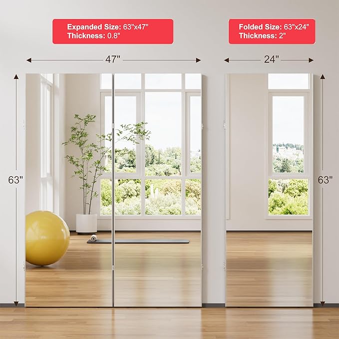 brisafe 360-Degree Folding Full-Length Mirror - 63" x 47"Oversized Anti-Shatter Nano Film Mirror, Space-Saving Foldable Design for Home Gym/Yoga Studio, 60% Commercial Insurance Discount, Black
