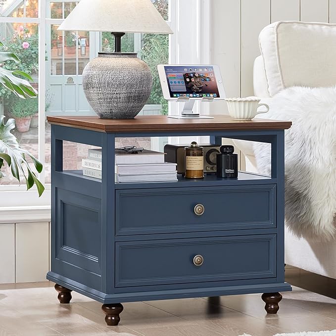 24" Wide Farmhouse Nightstand with Charging Station Set of 2,54" 7 Drawers Dresser, 37" Tall Rustic Chests of Drawers, Farmhouse Furniture Series for Bedroom,DarkBlue
