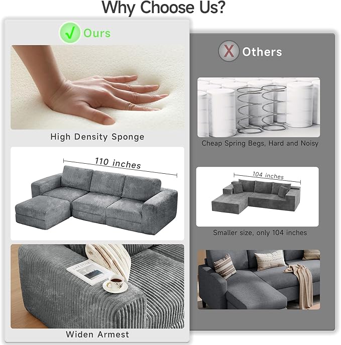ONBRILL 110" Modular Sectional Sofa, L Shaped Couch 4 Seater with Sleeper Chaise, Sectional Couch with Deep Seat,Upholstered Corduroy Cloud Couches for Living Room,Bedroom,No Assembly Required,Grey